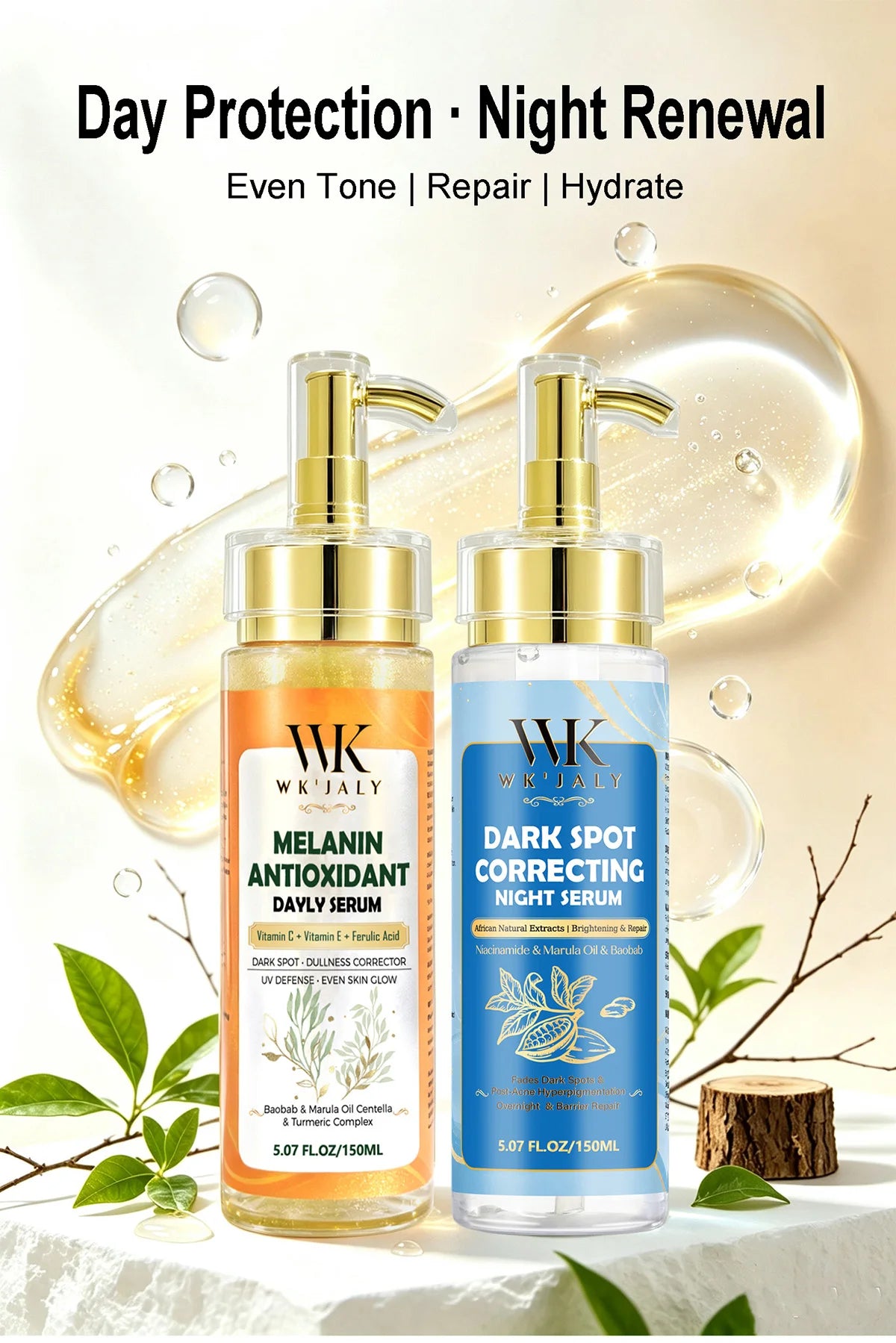 WK JALY Dark Spot Correcting Day and Night Serum, With Turmeric, Vitamin C, Moisturizing, Lightening, Even Skin Tone Essence