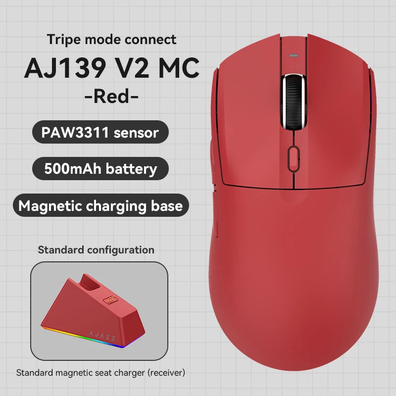 Ajazz AJ139 V2 MC Wireless Gaming Mouse Magnetic Charging Base with Anti Slip Adhesive PAW3311 Sensor Tir Mode Office Mouse