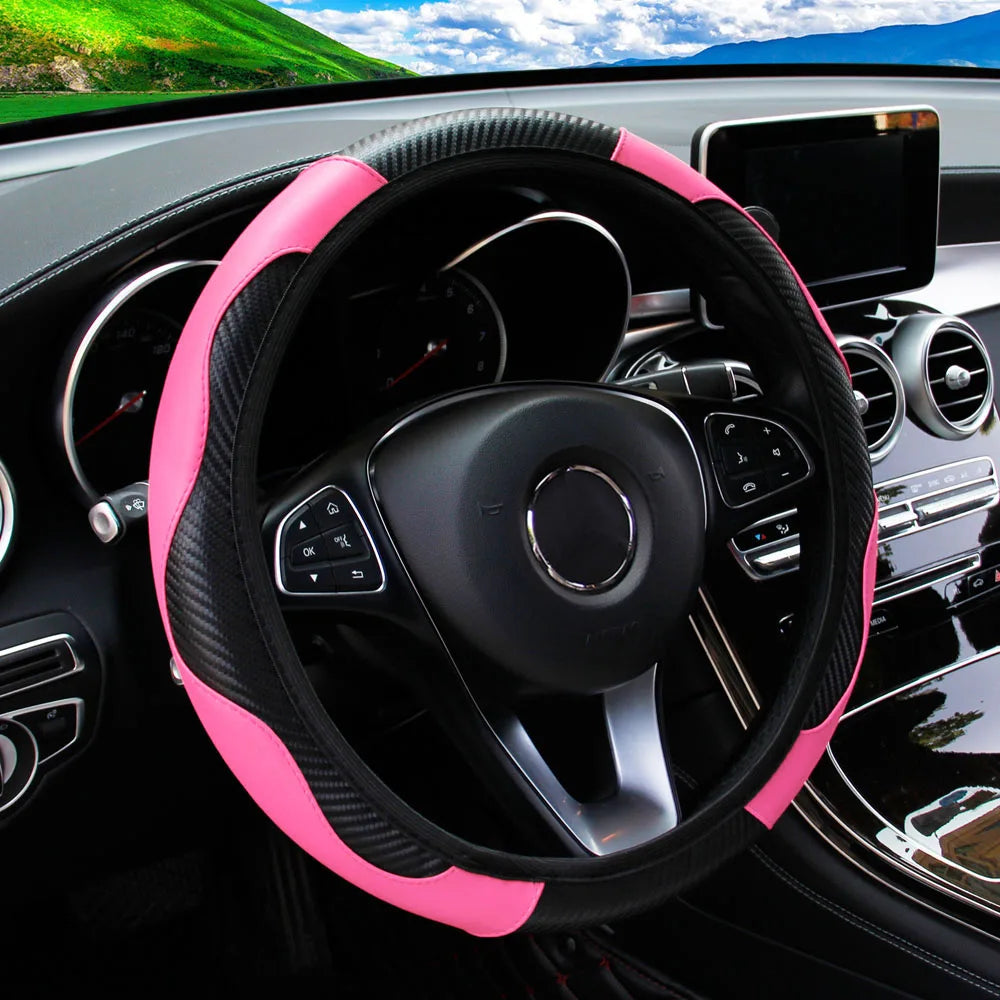 Universal Fit PU Carbon Fiber Leather Car Steering Wheel Cover 14.5-15 Inch No Inner Ring Required Vehicle Decoration Accessory