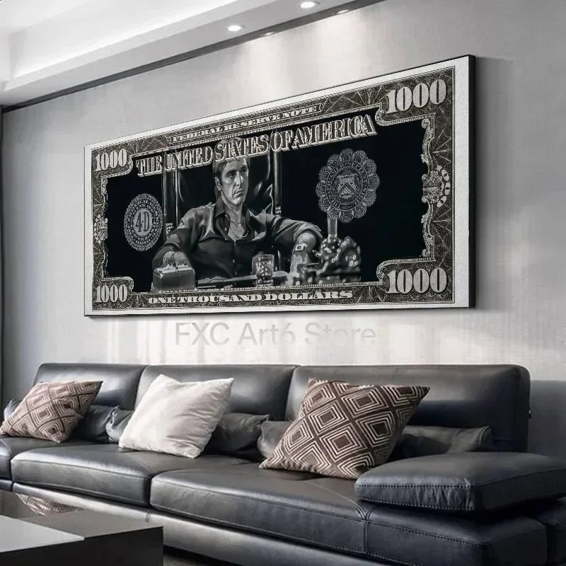 1PC frameless Classic Movie, Scarface Tony Montana Dollar Wall Art, HD Canvas Print Poster, Home, Living Room, Room Decor Painti