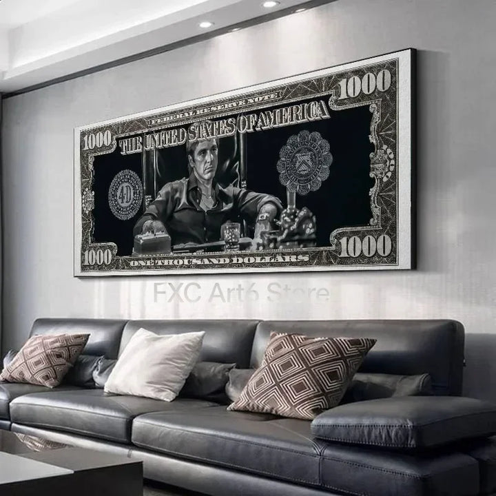1PC frameless Classic Movie, Scarface Tony Montana Dollar Wall Art, HD Canvas Print Poster, Home, Living Room, Room Decor Painti