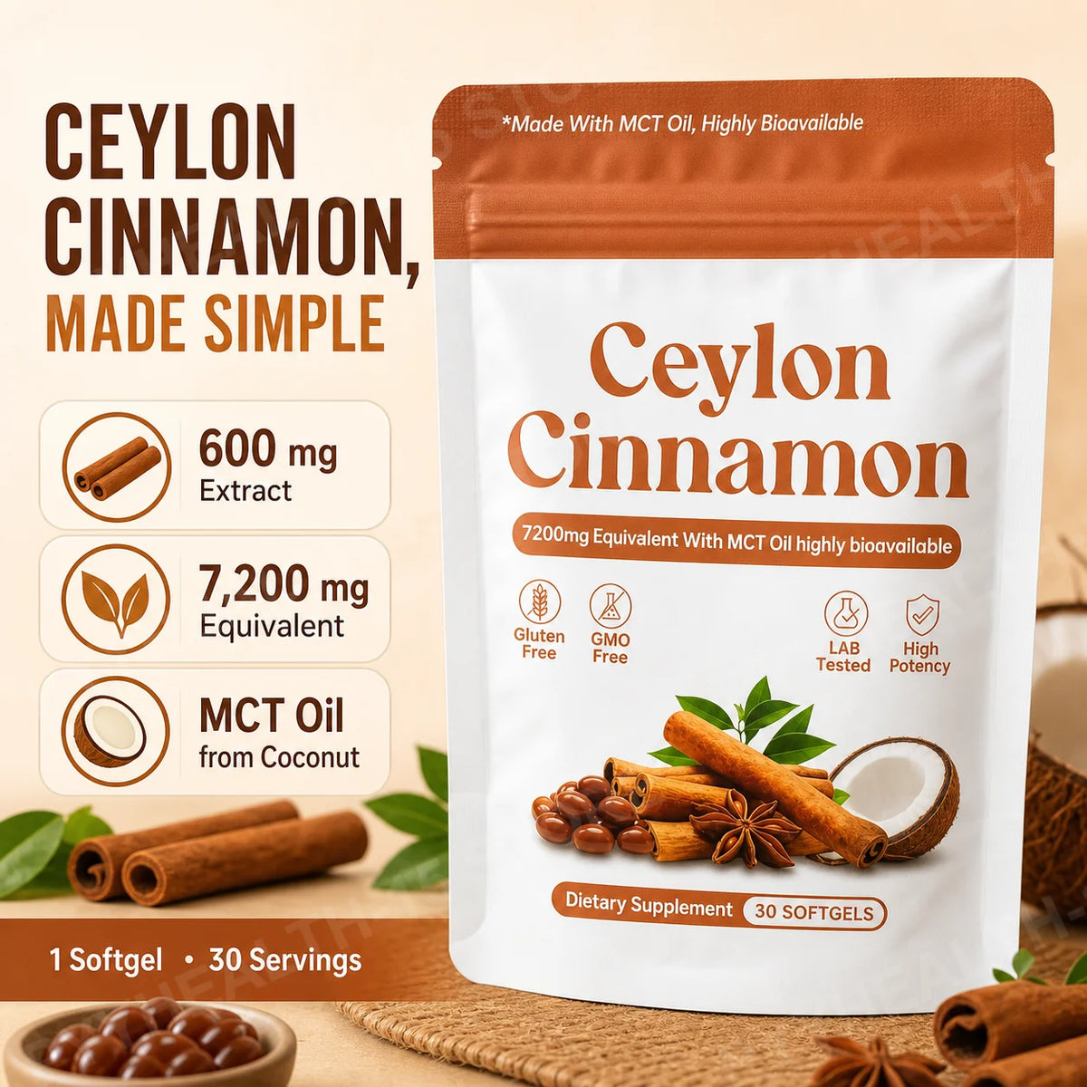 Ceylon Cinnamon Softgels 7200mg Equivalent,12:1 Concentrated Extract with MCT Oil,High Bioavailability, Daily Balance Support