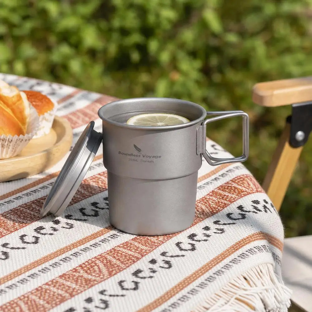 Pure Titanium Camping Cup with Lid Foldable Handle Lightweight Single Wall Mug Open Fire Coffee Tea Cup for Hiking Backpacking