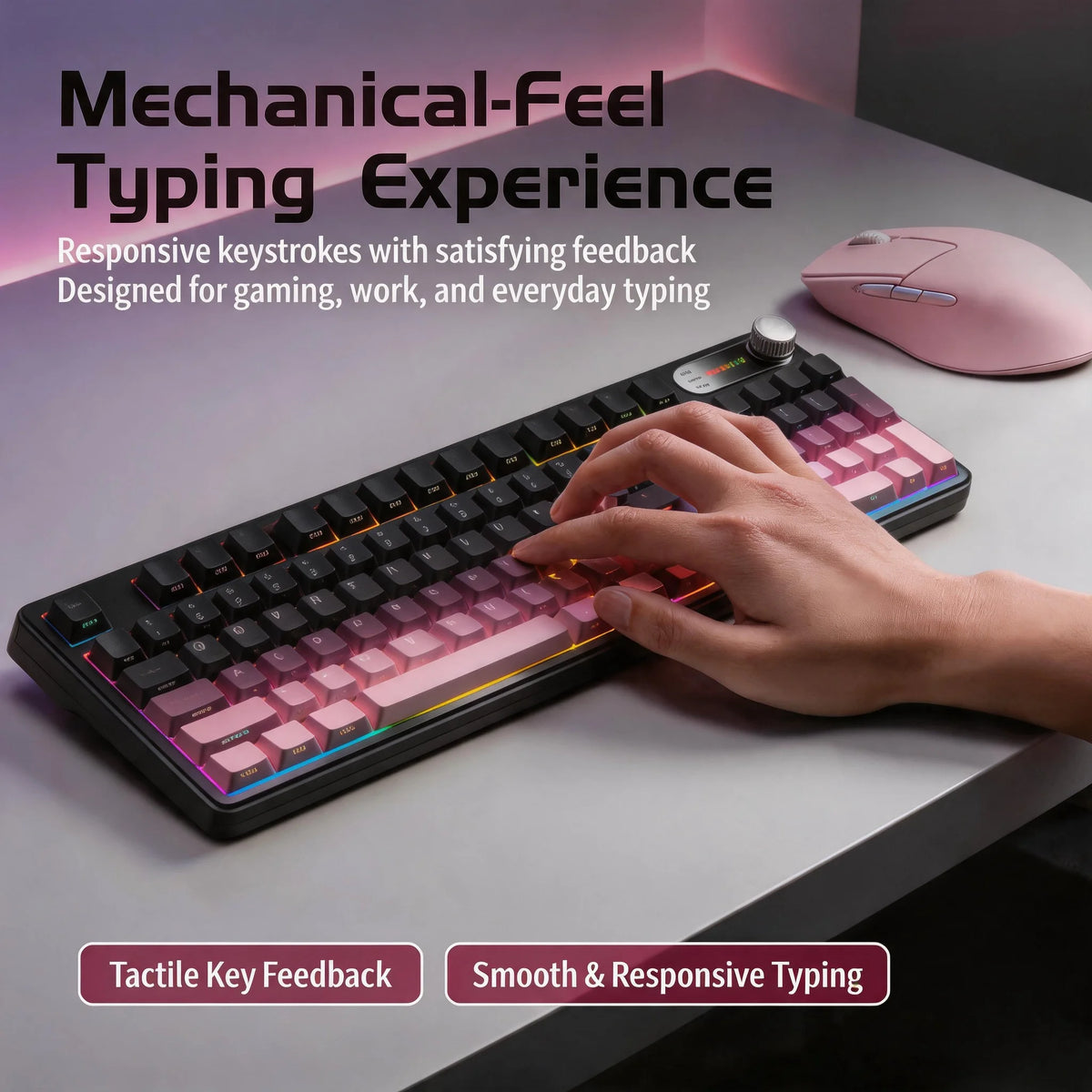RGB Mechanical Style Keyboard 98 Keys Wireless Tri-Mode Silent with Volume Roller Gradient Keycaps Gaming Setup PC Mac