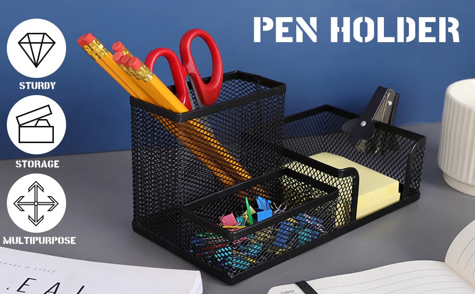 Black Mesh Office Caddy – Desk Organizer with Pencil Holder & Storage Baskets, 3 Compartments for Desktop Accessories