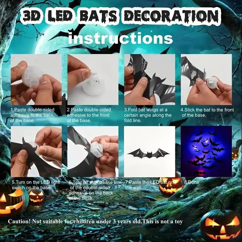 Halloween 3D Stereoscopic Bat LED Night Light PET Wall Decal Home Festival Party Indoor Wall Decoration Lamp