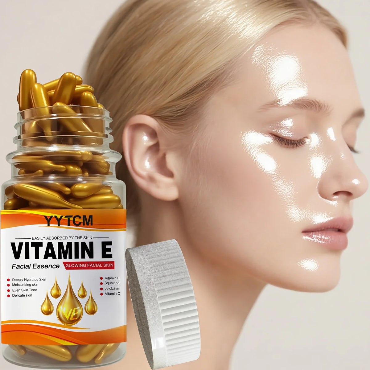 Vitamin E Deep Moisturizing Capsule Essence, hydrates and smooths the skin, contains plant squalane, vitamin C, and deep moisturizing and brightening skin essence (0.4g x 90 capsules)/bottle - 1 bottle
