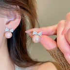Sweet Shiny Bow Stud Earrings Women Zircon Pearl Small Earrings Elegant Delicate Versatile Christmas Party Jewelry Accessories