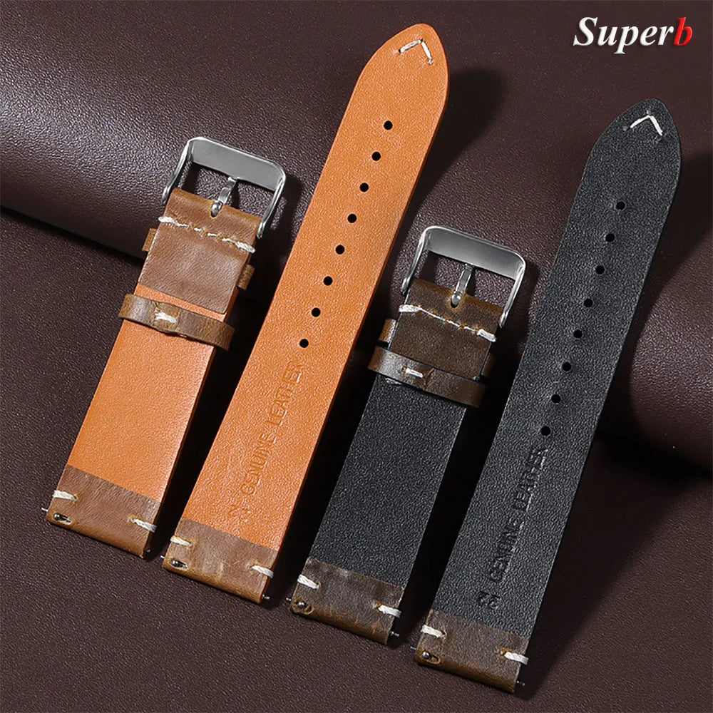 18mm 20mm 22mm Vintage Oil Wax Leather Watchband 19mm 21mm 24mm Universal Stitching Cowhide Strap for Seiko for Omega Watch Band