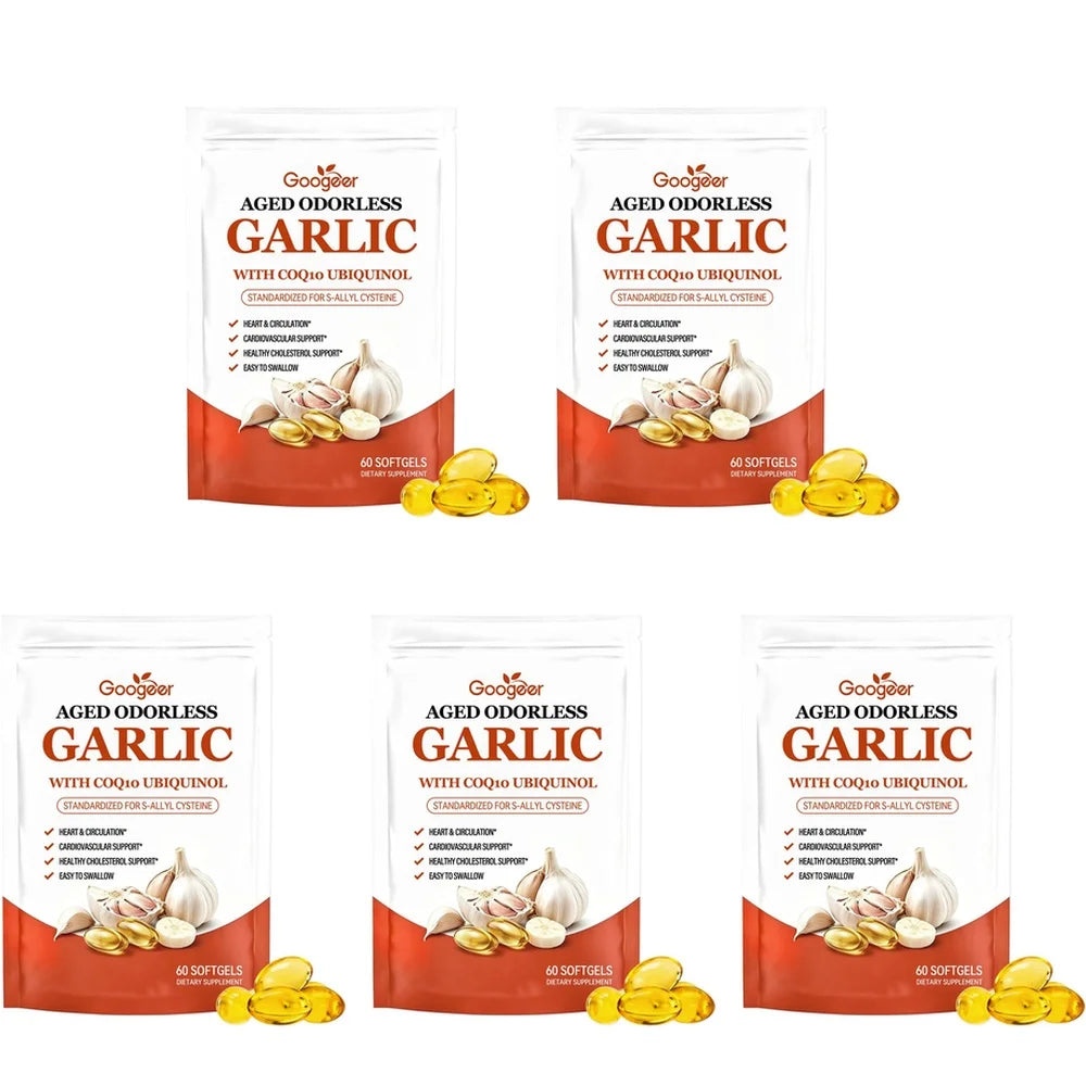 Googeer Aged Odorless Garlic Softgels with CoQ10 Ubiquinol Vitamin K2 (MK-7) for Circulation & Cholesterol Support 60 Softgels