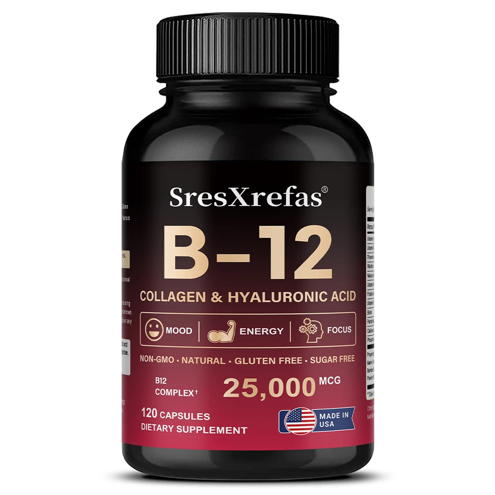 Vitamin B12 with Collagen,  Hyaluronic Acid - Supports Energy, Focus, Mood, Nervous System & Immune Health, Relieves Fatigue