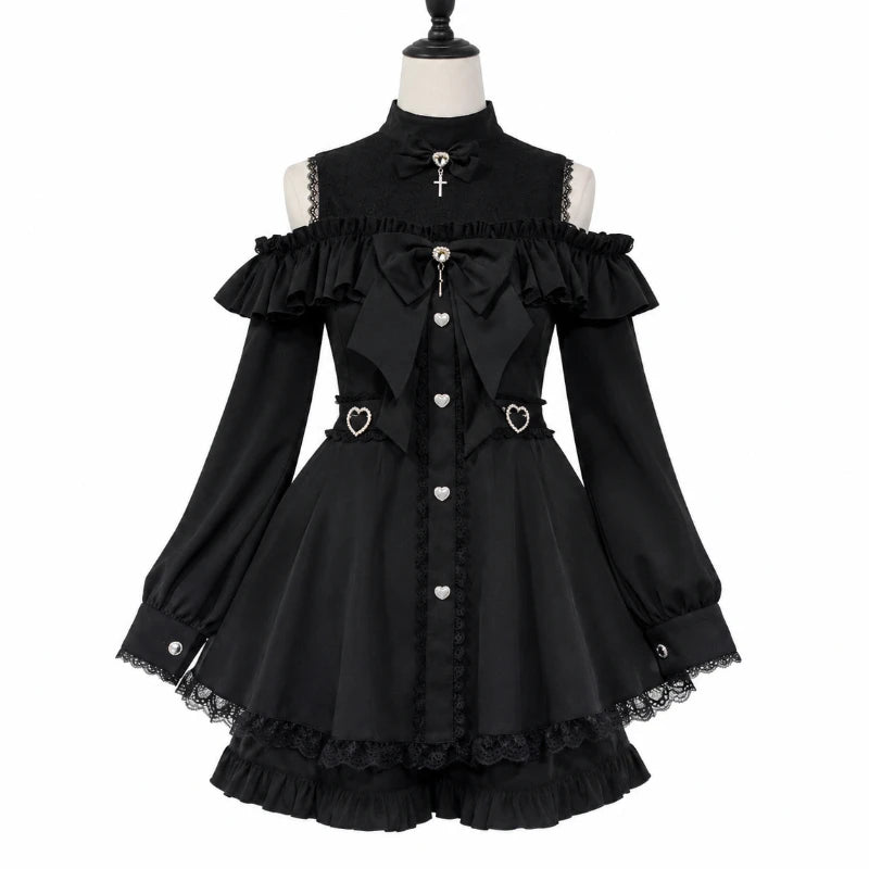 Y2k Aesthetic Lolita Style Bow Dress Shorts Set Japanese Women Gothic Lace Flare Sleeve Button Shirt Dress Punk Party Mini Dress