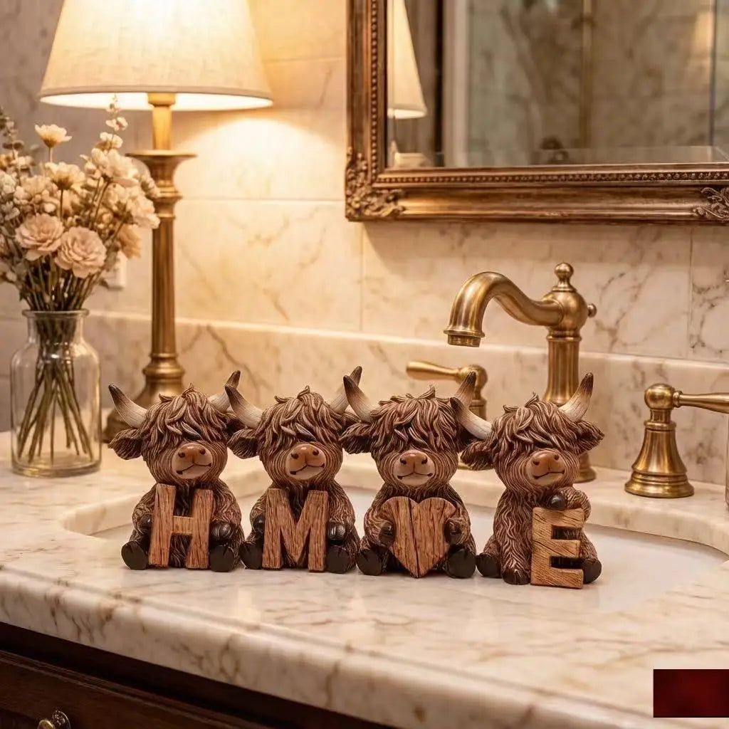 4-piece set, Highland cow ornaments, HOME letter style wooden Highland cow tabletop decoration, cow elf statue, suitable for living room, bedroom, fireplace mantel, and desk decoration