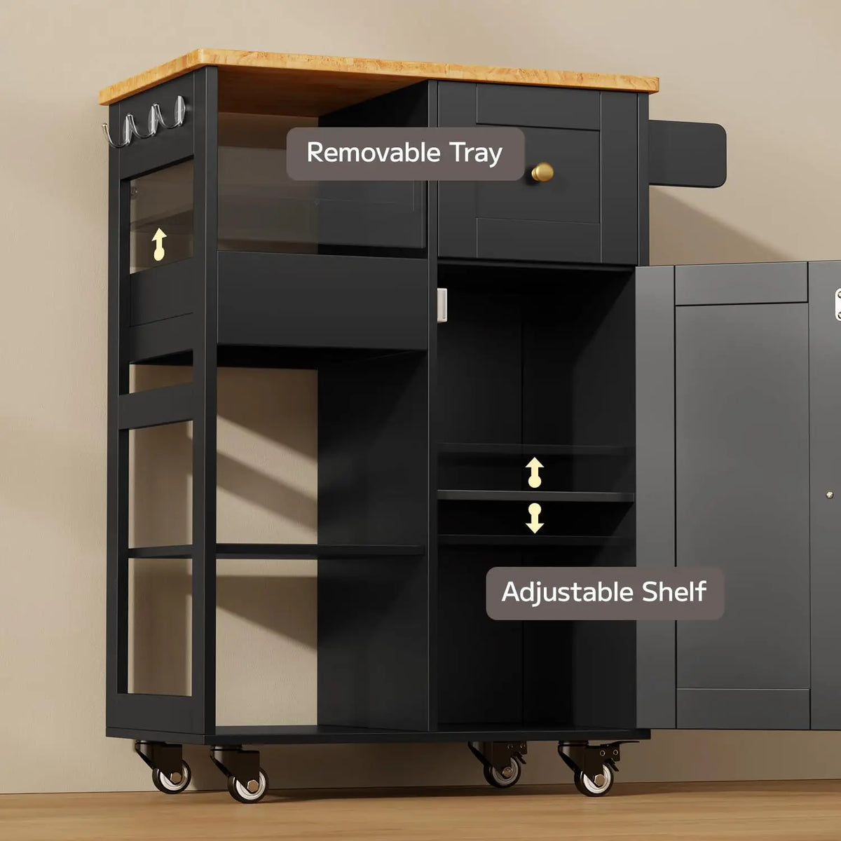 Kitchen Island Cart with Thickened Wooden Countertop, Rolling Cabinet with Drawers & Shelves for Dining Room, Black, Customized