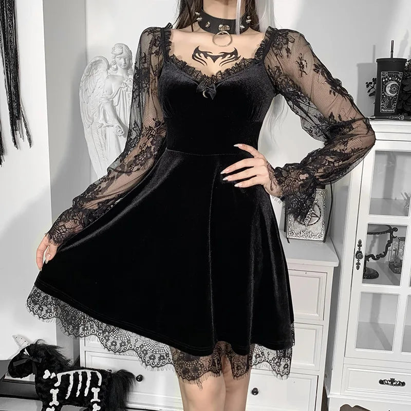 Mall Gothic Emo Jacquard A-line Dresses Goth dress Elegant Grunge Ruched Bandage Partywear Punk Black Women Halloween Club Dress