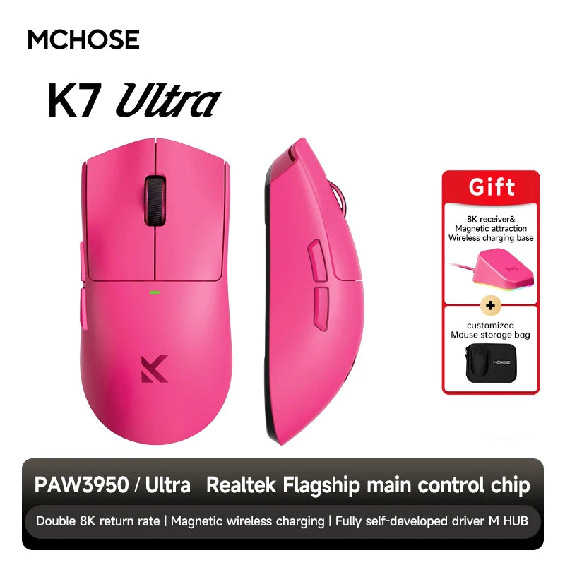 MCHOSE K7 Ultra Wireless PAW3950 Gaming Mouse Dual 8K Polling Rate Magnetic Wireless Charging Stand Office Mouse Lightweight 59g