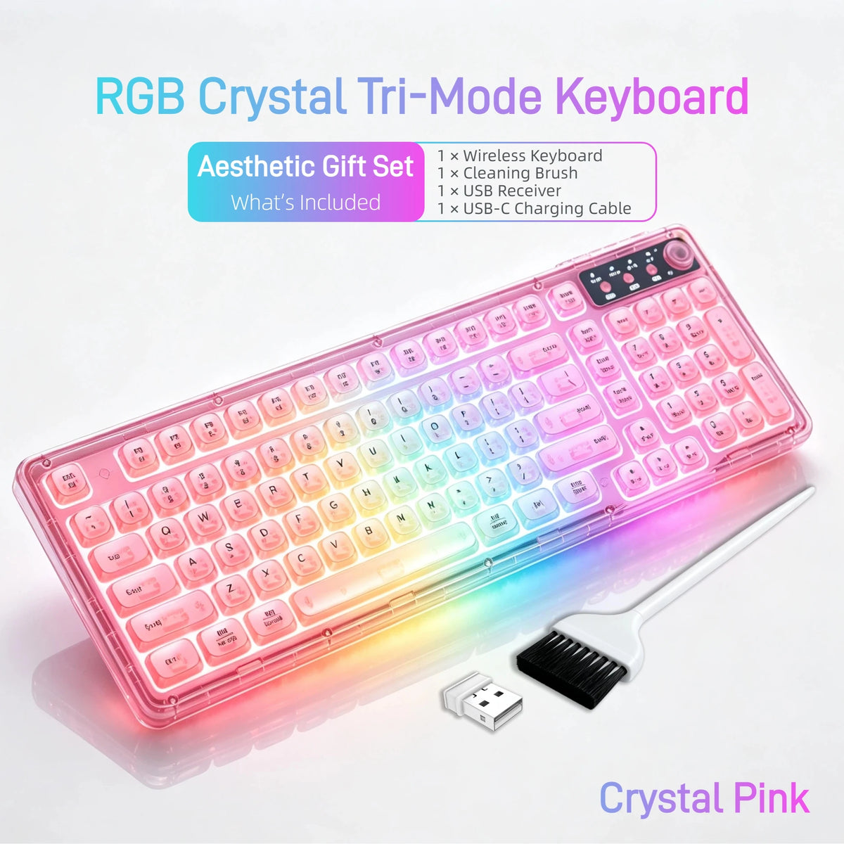 Transparent Wireless Gaming Keyboard, Tri‑Mode 2.4G/BT/USB‑C, 99‑Key 1800 Compact Layout, RGB Clear PC Keycaps, Mechanical‑Like Typing Feel for Office & Desk Setup