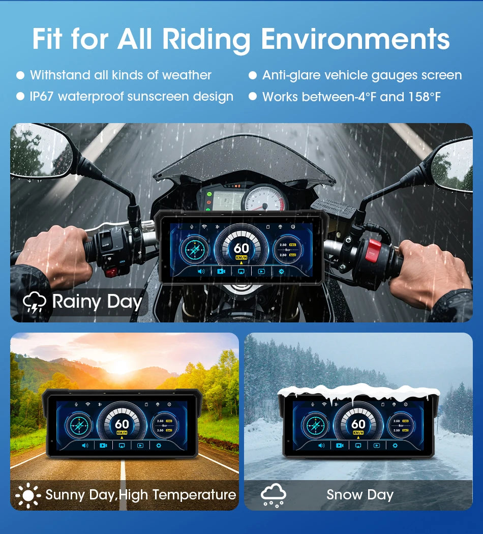 Jansite Portable 8.1 inch IP67 Waterproof Motorcycle 4K DVR GPS Navigation Wireless Carplay Android Auto Moto Recorder Monitor