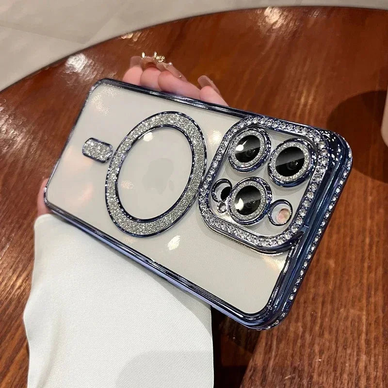 New Fashion Glitter Diamond Transparent Case For iPhone 16 15 14 13 17 12 18 Pro Max Plus Magnetic Wireless Charge Bumper Cover