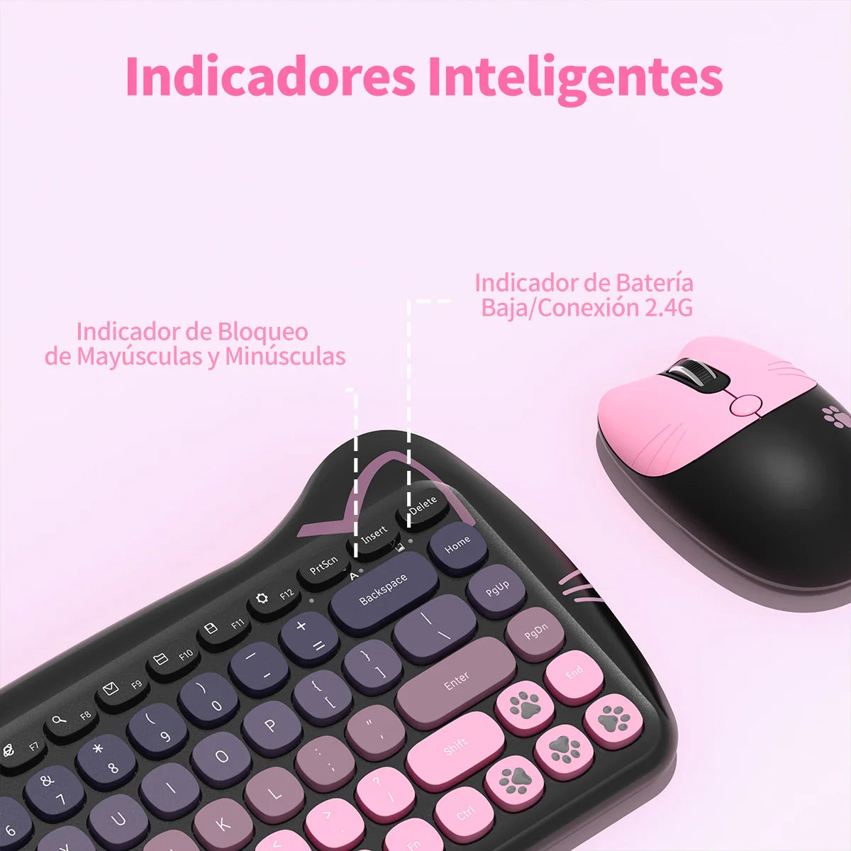 GEEZER Wireless Silent Keyboard Mouse Combo, Pink-Black Cat Ear Retro Round Keycaps US QWERTY Layout