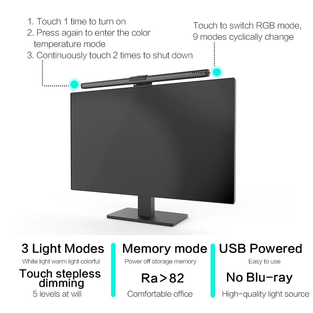 44CM Monitor Light Bar LED Computer Screen Hanging Lights RGB Atmosphere Table Lamp Stepless Dimmable for Work Study Read Gaming