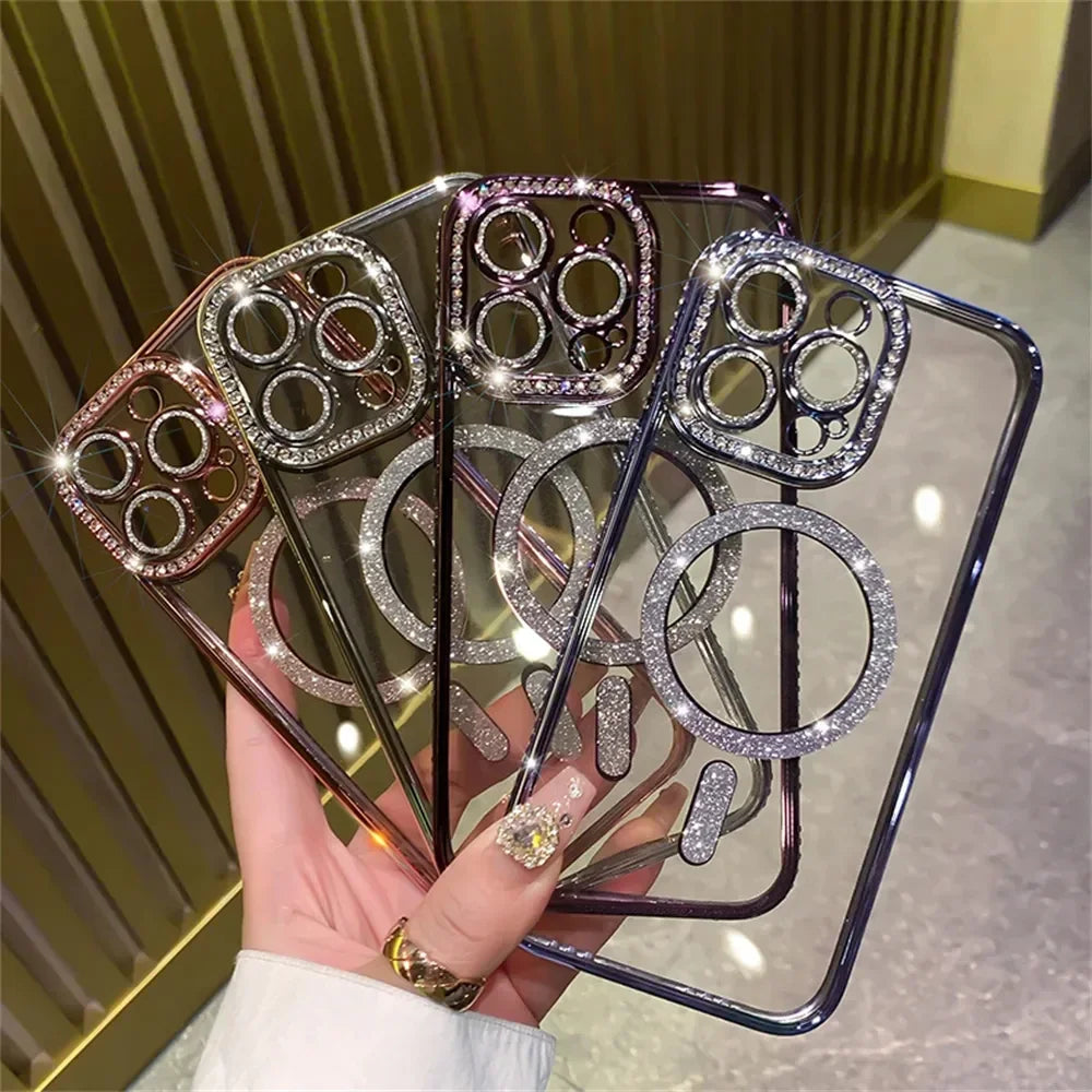 New Fashion Glitter Diamond Transparent Case For iPhone 16 15 14 13 17 12 18 Pro Max Plus Magnetic Wireless Charge Bumper Cover