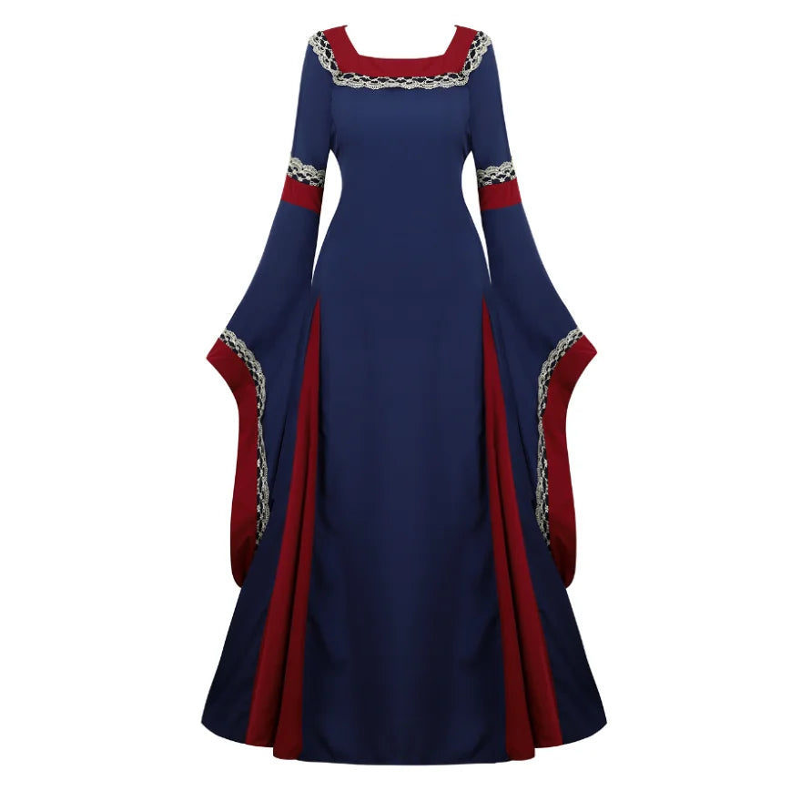 Women Medieval Renaissance Trumpet Sleeve Retro Loor Length Gown Lace Trim Irish Over Long Dress Halloween Costume Plus Size