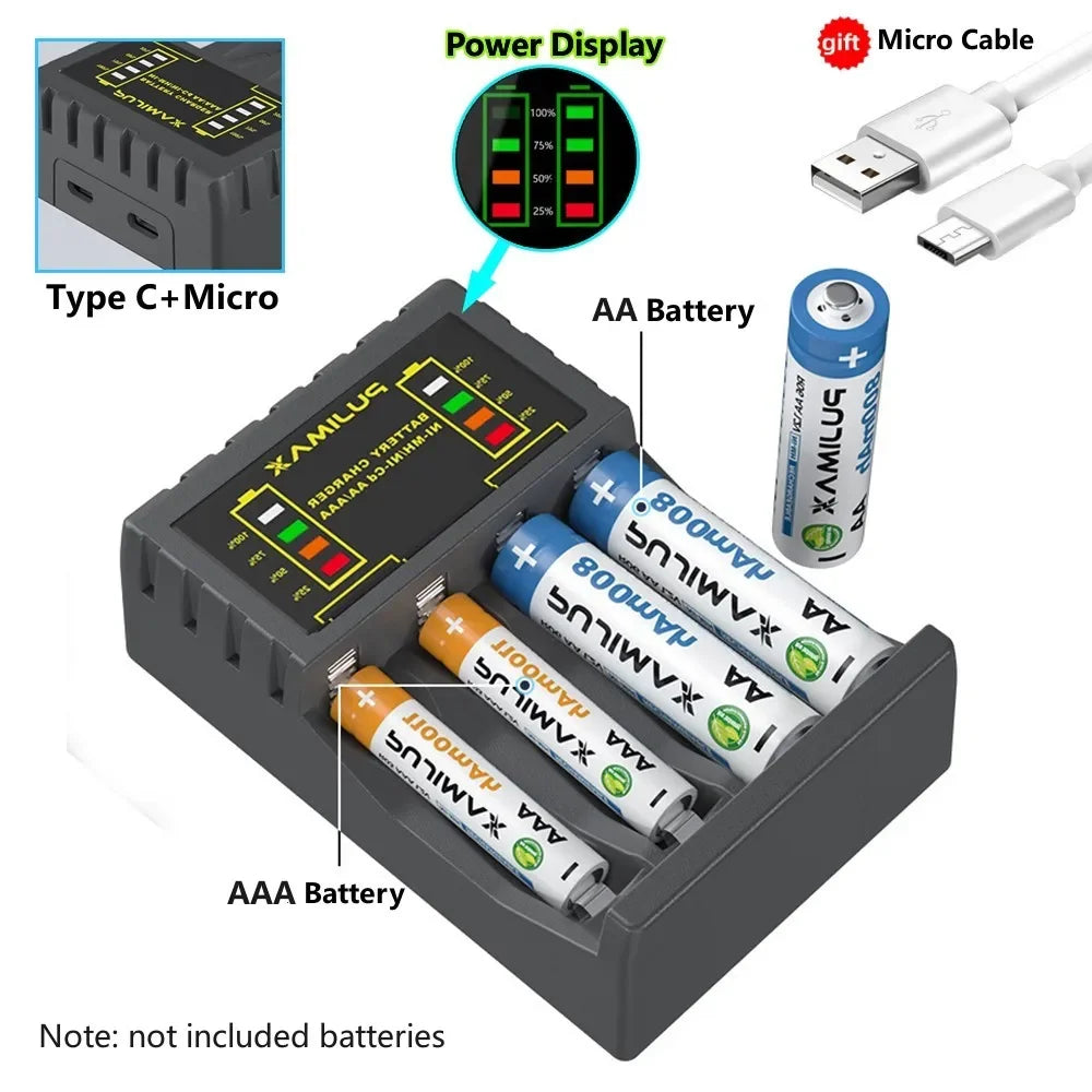 Battery Charger 4 Slot Intelligent Fast Charge With Indicator For 1.2V NiMH NiCd AAA/AA Rechargeable Battery USB C Micro Charger