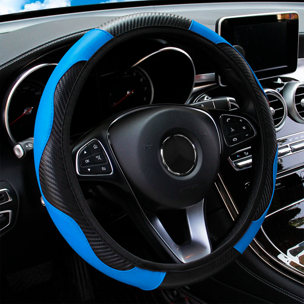 Universal Fit PU Carbon Fiber Leather Car Steering Wheel Cover 14.5-15 Inch No Inner Ring Required Vehicle Decoration Accessory