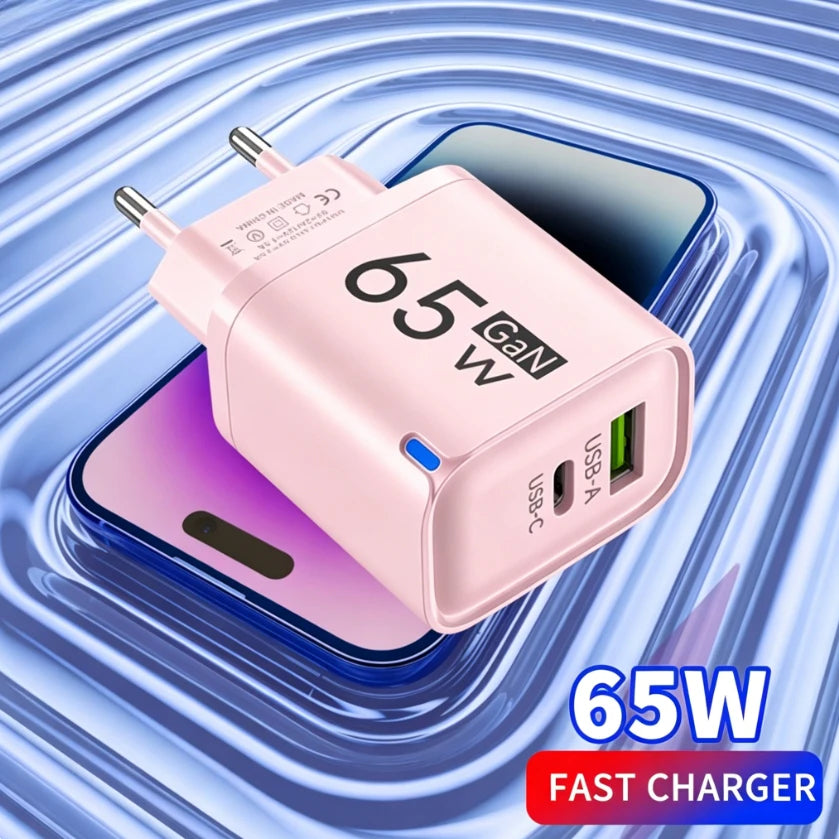 65W 2 In 1 USB Type C Fast Charging Charger PD High Speed Charge For iPhone Xiaomi Huawei Samsung Oneplus Mobile Phone Adapter
