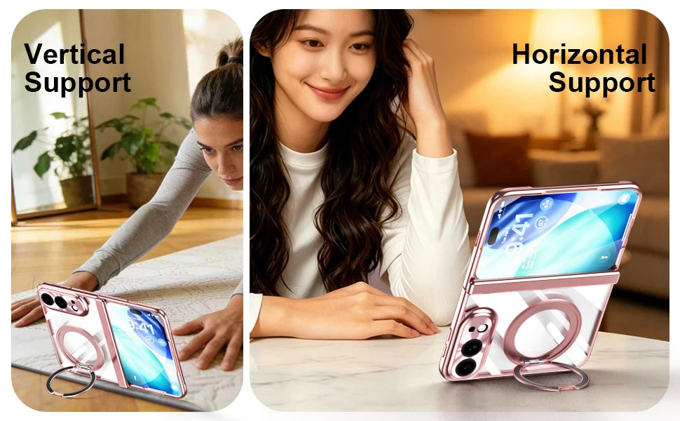 For iPhone Duo Transparent Magnetic Case For MagSafe 360° Rotating Bracket Hinge Protection Cover With Tempered Glass Film