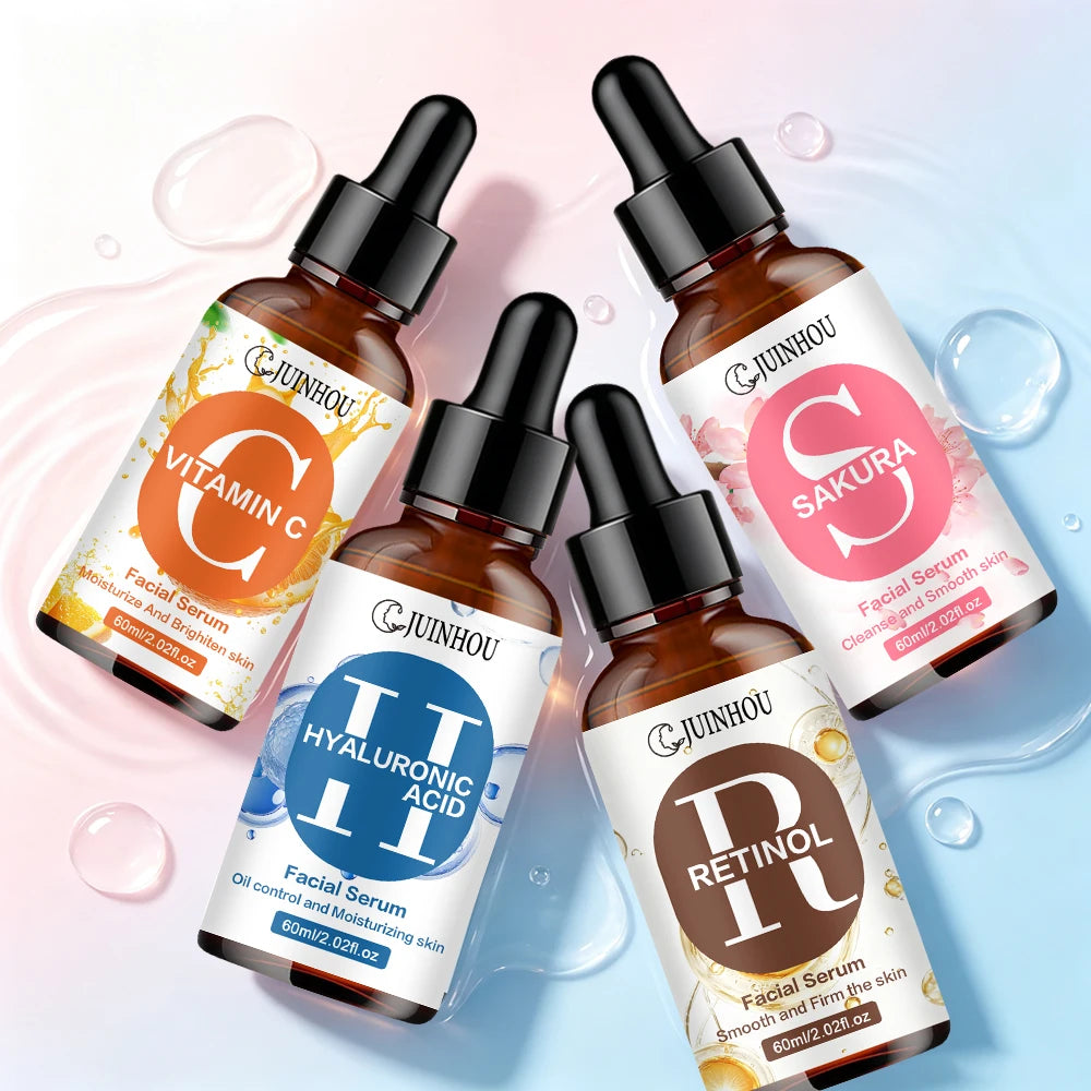JUINHOU 4pcs Vitamin C + Retinol +Sakura + Hyaluronic Acid Serum Brightening & Hydration Combo Supple Skin For All Skin Type