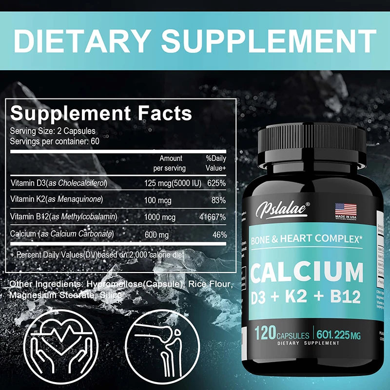 Calcium Supplement with Vitamin D3 K2 B12 - Supports Bone Health,Relieves Bloating, Immune System, Improves Absorption