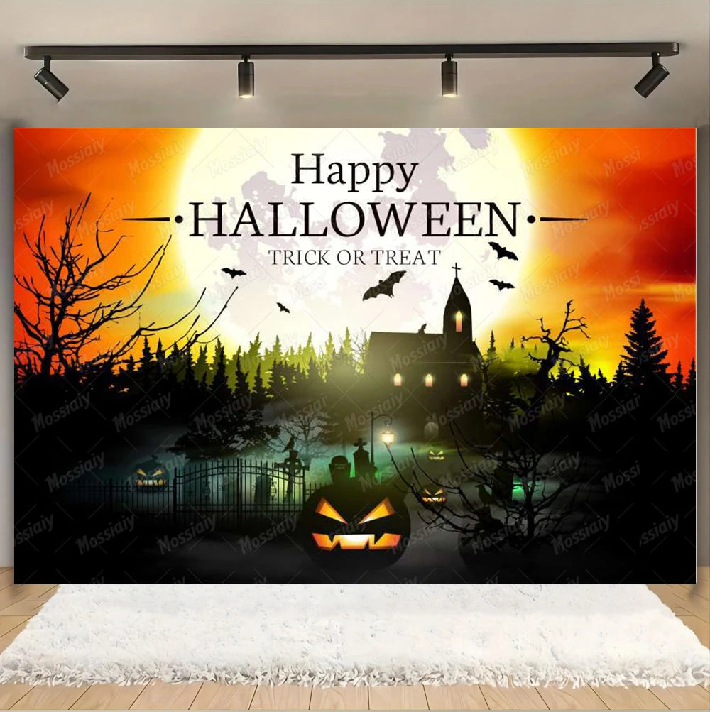 Horror Halloween Photography Background Moon Night Castle Forest Pumpkin Lantern Skeleton Family Party Photo Backdrop Decoration