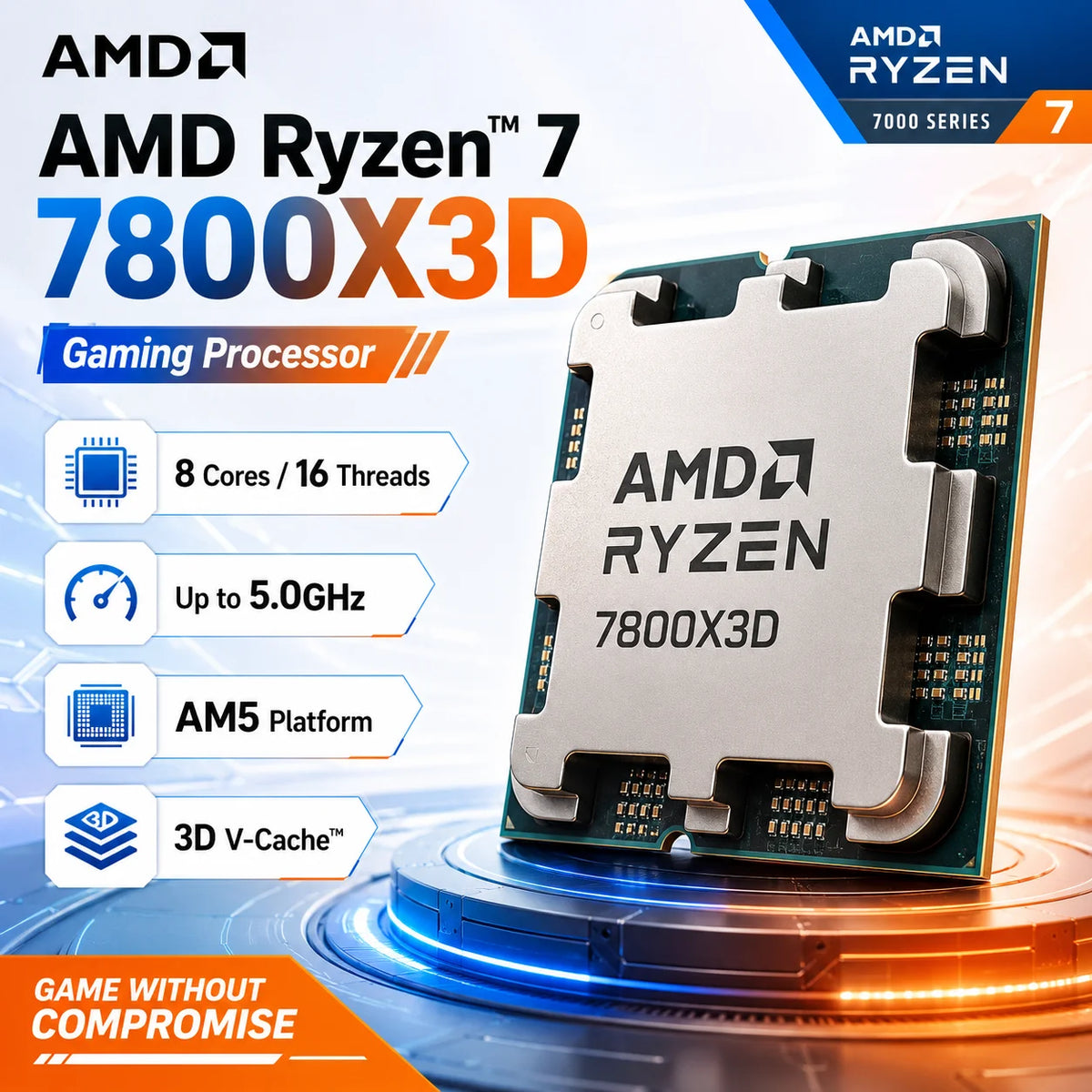 AMD Ryzen 7 7800X3D CPU 8-Core 16-Thread AM5 Processor 4.2GHz Up to 5.0GHz 96MB L3 Cache Gaming Desktop CPU Tray