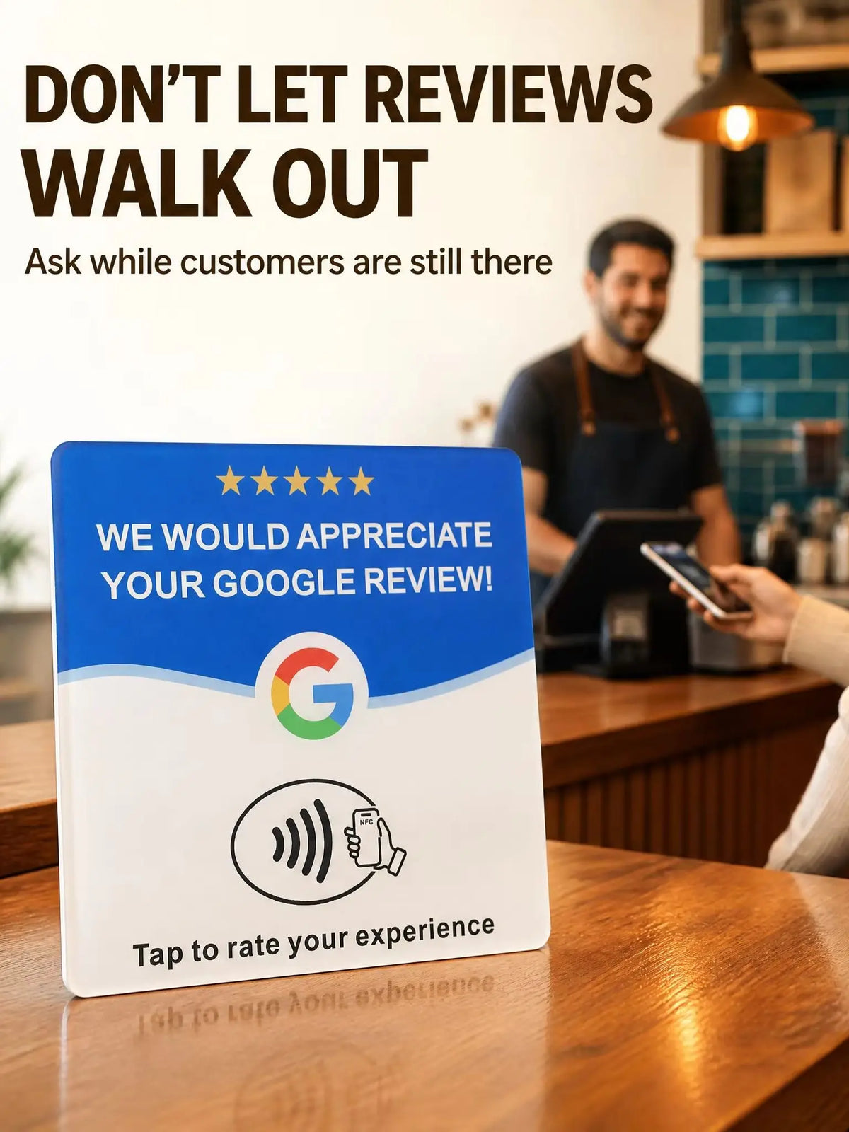 4-Pack Acrylic NFC Google Review Cards with Four Wooden Bases Included for Interactive Feedback And Reviews