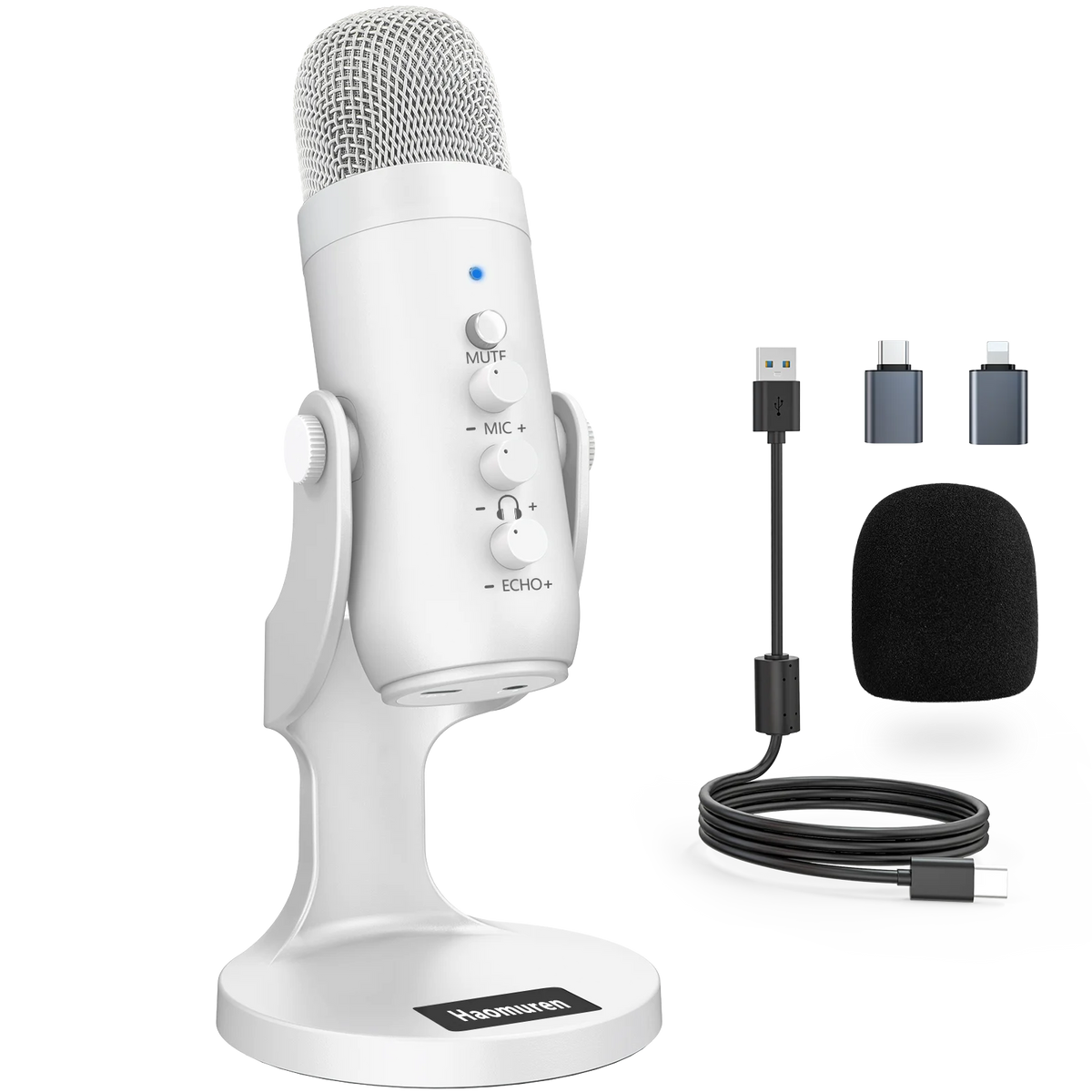 Haomuren Professional White USB Condenser Microphone Studio Recording Mic for PC Computer Phone Gaming Streaming Podcast Youtube