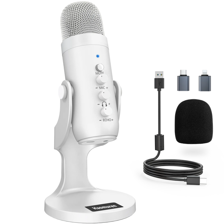 Haomuren Professional White USB Condenser Microphone Studio Recording Mic for PC Computer Phone Gaming Streaming Podcast Youtube