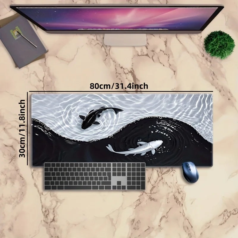 Tai Chi Koi Patterned Gaming Mouse Pad Non-Slip Rubber Base Precision Stitched Edges Waterproof Rectangular Desk Mat Office Game