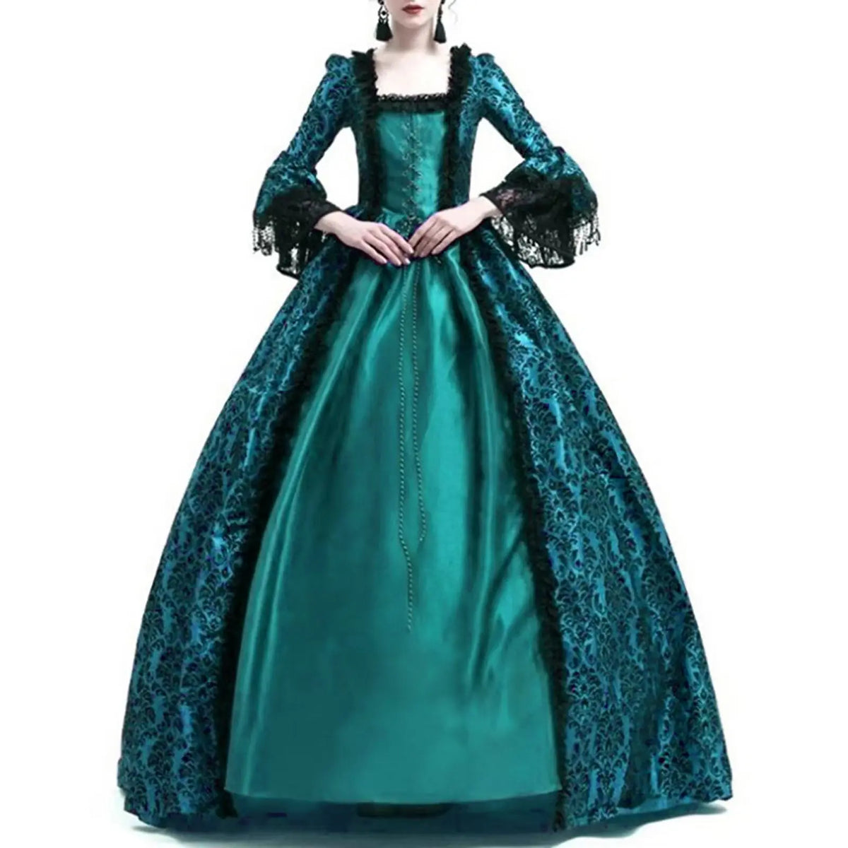 Medieval Victorian Court Lace Patchwork Gothic Dress Halloween Witch Cosplay Party Costume Square Neck Flare Sleeve Maxi
