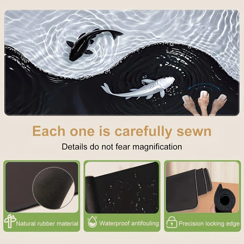 Tai Chi Koi Patterned Gaming Mouse Pad Non-Slip Rubber Base Precision Stitched Edges Waterproof Rectangular Desk Mat Office Game