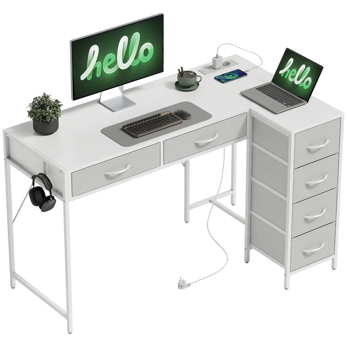 Homcom Reversible Corner Desk with 6 Drawers 126X48 cm with Power Outlet USB and Usb-C Charging Port White