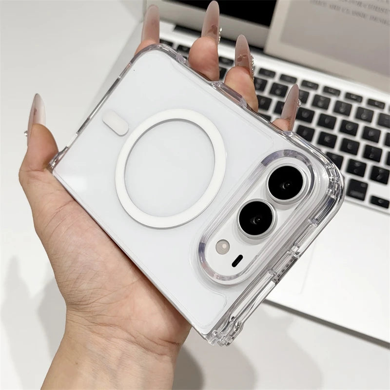 Crystal Transparent Acrylic Magnetic Phone Case For iPhone Duo Ultra 18 Fold For Magsafe Wireless Charge Shockproof Clear Cover