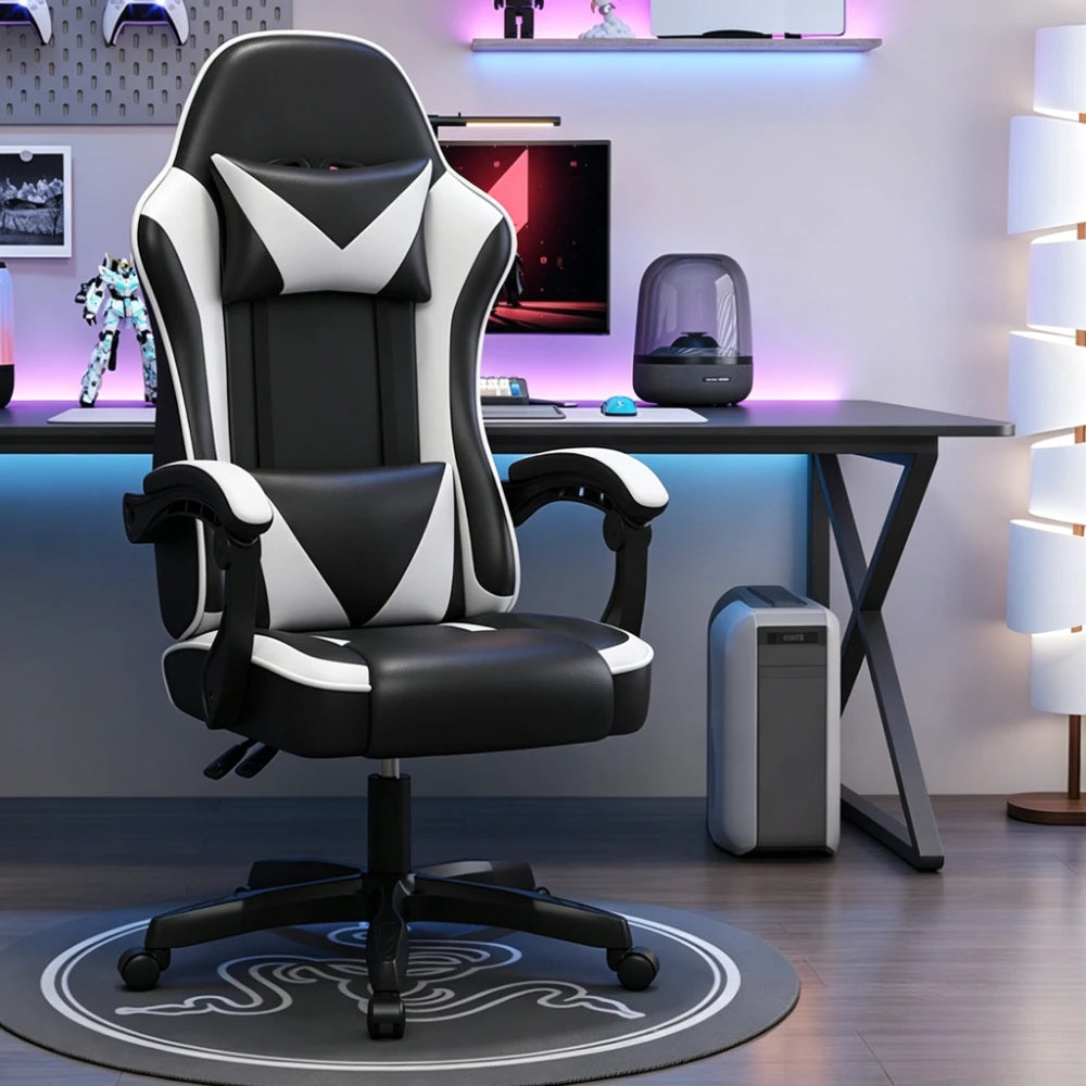 Ergonomic Racing Gaming Chair Adjustable Swivel PU Leather with Headrest and Lumbar Support for Office Computer Living Room