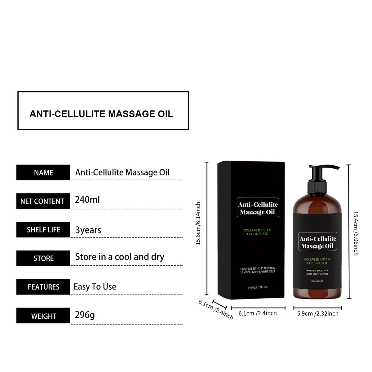 Anti-cellulite Body Massage Oil Natural Plant Essential OilRelaxing Soothing Moisturizing Skin Care Lightweight Non Greasy 240ml