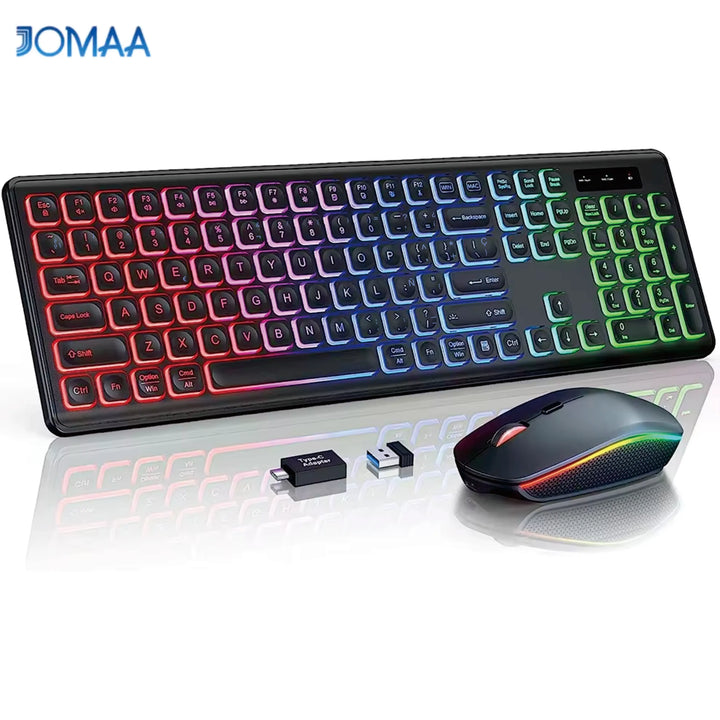 Wireless Keyboard and Mouse Combo RGB Backlit, Rechargeable Light Up Letters, Full-Size, Ergonomic, Sleep Mode, 2.4GHz