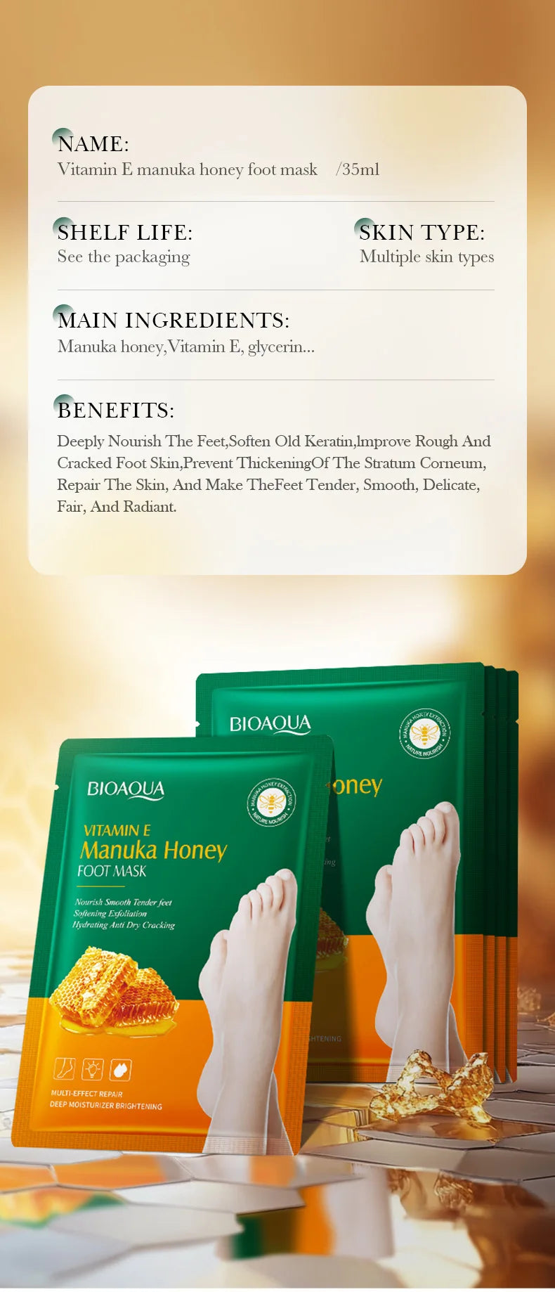 Vitamin E Foot Mask Manuka Honey Nourishing Long-lasting Moisturizing Hydrating Exfoliating Remove Dead Skin Foot Skin Care