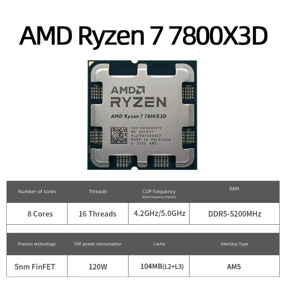 AMD Ryzen processor 7 7800X3D 8 cores 16 thorns R7 7800X3D CPU 4,2 GHz 5 nm 96 Mo 120 zenw DDR5 MHz MHz supply am5cpu game without fan