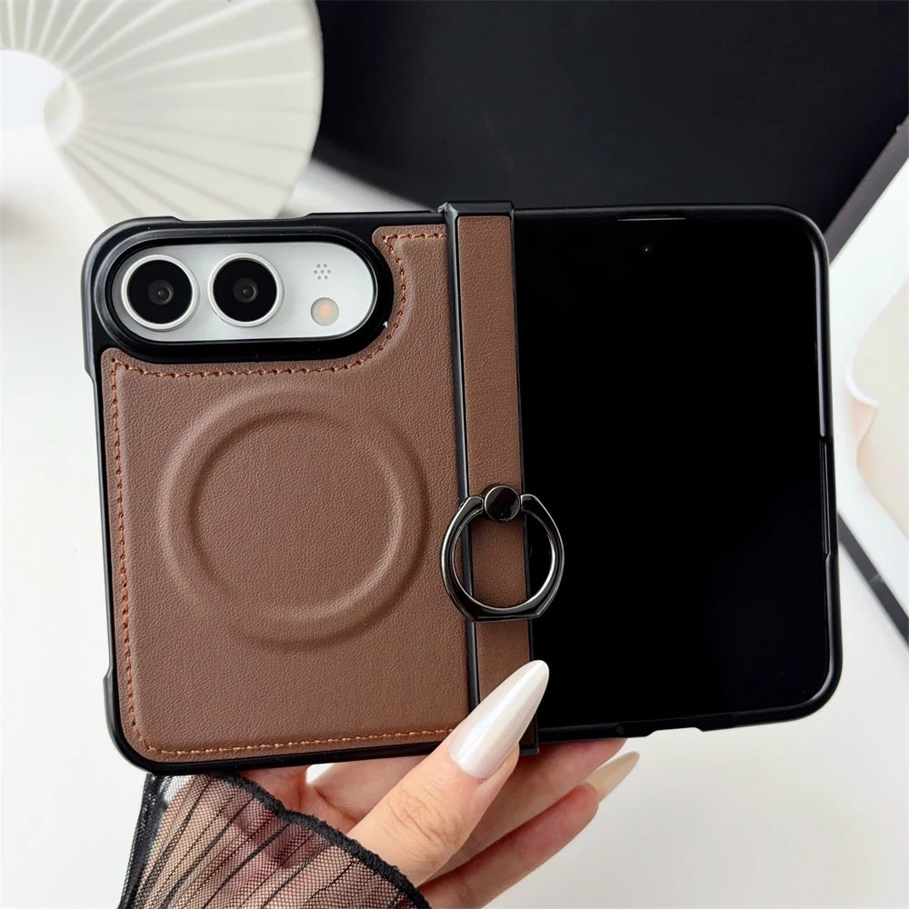 Vegan Leather Magnetic Ring Phone Case For iPhone Duo Shockproof Matte For Magsafe Wireless Charging Shockproof Back Cover