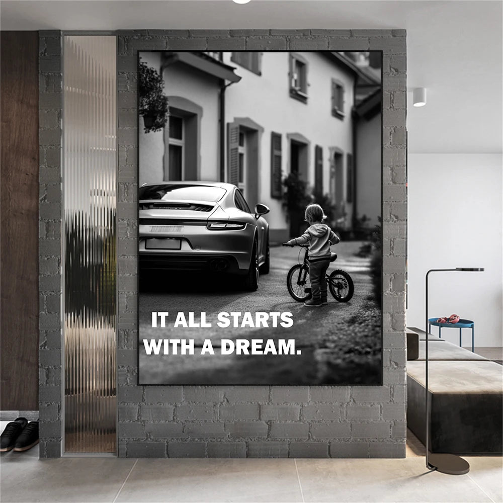 It all starts with a Dream Quote Art Poster Cat Motivational Wall Art Canvas Painting Modern Office Wall Art Home Room Pictures